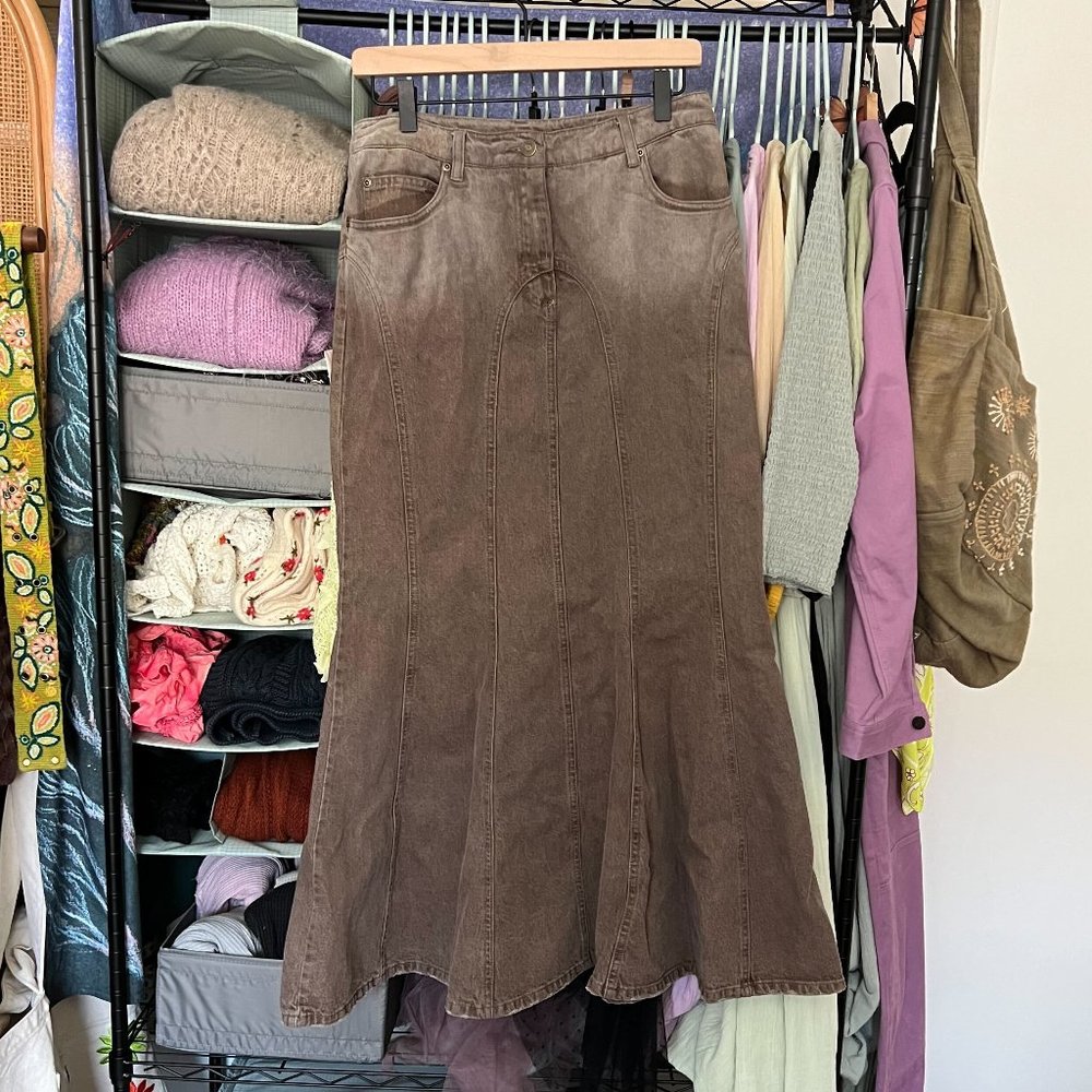 Newport News Jeanology – Grunge Denim Stonewashed Maxi Skirt – Brown